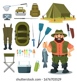 Fishing equipment for fisherman vector illustration set. Cartoon happy man character with catch fish, summer outdoor camp gear, box for fisher item, boat, camping flat element icons isolated on white