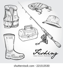 Fishing equipment, icon set. Hand drawn Vector 