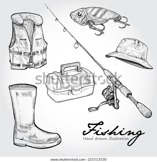 Fishing Equipment Icon Set Hand Drawn Stock Vector (Royalty Free) 221513530