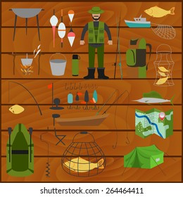 Fishing equipment icon set. Vector illustration