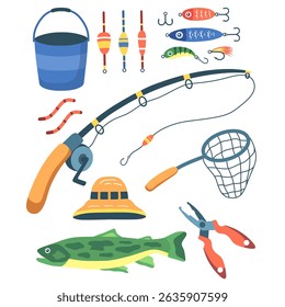 fishing equipment illustration set.vector collection of fishing and fishermen