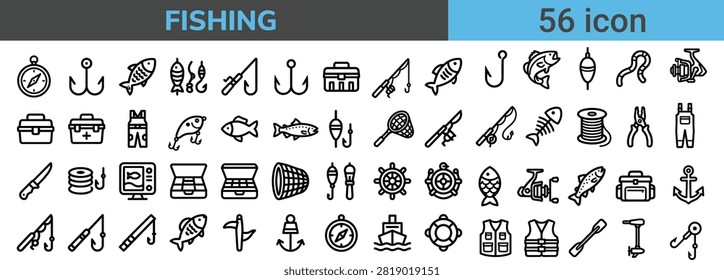 Fishing equipment line icon set featuring rods hooks fishes nets and outdoor gear elements.