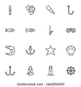 Fishing equipment line icons set. Hunting linear style symbols collection, outline signs pack. vector graphics. Set includes icons as fishing rod, lure, hook, fish, compass, knife, seashell, anchor