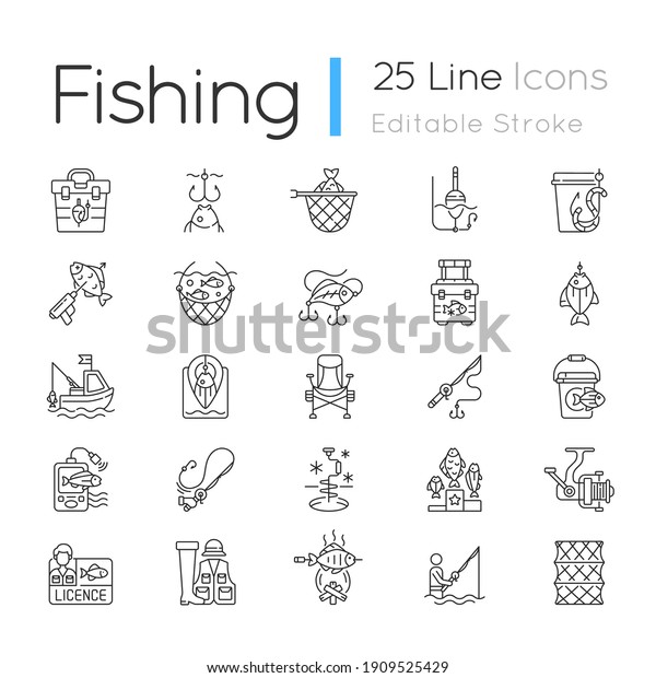 Fishing equipment linear icons set. cooking\
freshly caught fish. Fish finder, Fishing tournament. Customizable\
thin line contour symbols. Isolated vector outline illustrations.\
Editable stroke