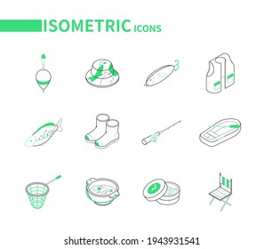 Fishing equipment - modern line isometric icons set. Hobby, recreation and summer activity concepts. Fish, rubber boots, vest, rod, boat and puddle, soup, landing net, jig, bait, hat images