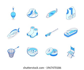 Fishing equipment - modern line isometric icons set. Hobby, recreation and summer activity concepts. Fish, rubber boots, vest, rod, boat and puddle, soup, landing net, jig, bait, hat images