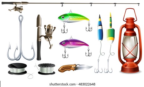 Fishing equipment with pole and hooks illustration