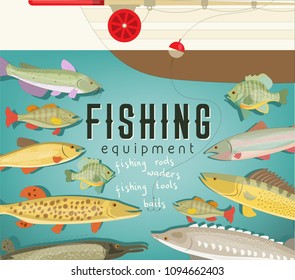 Fishing Equipment Poster with Boat, Freshwater Fish and Rod on Blue Background. Vector Illustration