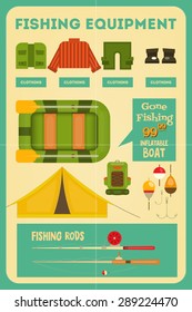 Fishing Equipment Poster: Fishing Rod, Hooks, Boat, Tent, Bobber. Vector illustration.