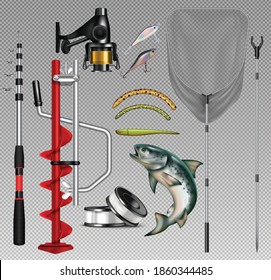 Fishing Equipment Realistic Transparent Set With Isolated Images Of Ice Breaker Drill Rods Hooks And Fish Vector Illustration