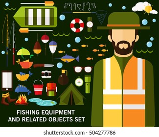 Fishing equipment and related objects set concept background. Flat icons.