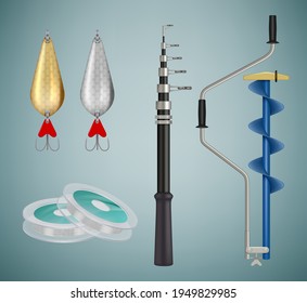 Fishing equipment. Fishing rod butterfly net spinner hooks decent vector realistic collection
