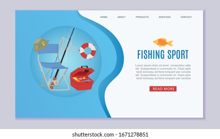 Fishing equipment with fishing rod, hooks, bait, fish and boat, fisher tools web template vector cartoon illustration. Fishing sport adventure webpage.