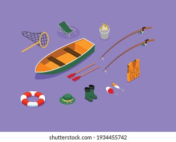 Equipos de pesca establecen el concepto de vector isométrico 3D para banner, sitio web, ilustración, página de aterrizaje, volante, etc