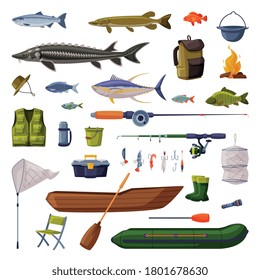 Fishing Equipment Set, Freshwater Fishes, Rod, Apparel, Boat, Accessories Cartoon Vector Illustration
