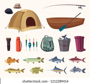 Fishing equipment. Set of icons. Cartoon vector illustration. Sport tools and fishes. Fishing rod, boat, tourist tent and tackle. Catch a fish.