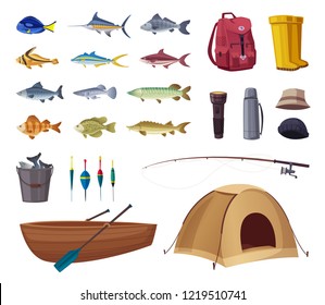 Fishing equipment. Set of icons. Cartoon vector illustration. Sport tools and fishes. Fishing rod, boat, tourist tent and tackle. Catch a fish.