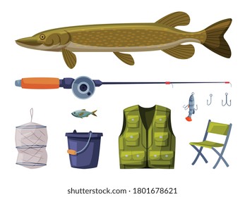 Fishing Equipment Set, Pike Fish, Rod, Apparel, Folding Chair, Cylindrical Net, Bucket Cartoon Vector Illustration