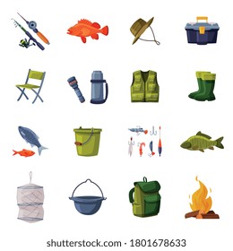 Fishing Equipment Set, Fishing Rod, Backpack, Vest, Thermos, Flashlight, Bucket, Bonfire, Rubber Boots Cartoon Vector Illustration