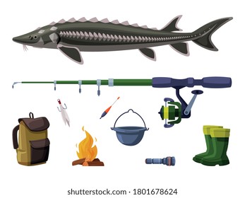 Fishing Equipment Set, Sterlet Freshwater Fish, Fishing Rod, Backpack, Bucket, Bonfire, Rubber Boots Cartoon Vector Illustration