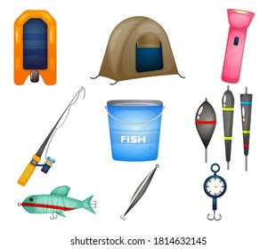 Fishing equipment. fishing tools set collection premium vector 