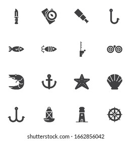 Fishing equipment vector icons set, modern solid symbol collection, filled style pictogram pack. Signs, logo illustration. Set includes icons as fishing rod, lure, hook, fish, compass, knife, seashell