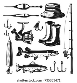 Fishing equipments and tackles set of vector objects, design elements in monochrome vintage style isolated on white background