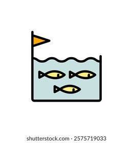 Fishing farm ponds concept vector color icon. Farmer testing pool with fish simple sign. Agriculture, fisheries, fish factory. Isolated icon for use in design