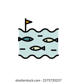 Fishing farm ponds concept vector color icon. Farmer testing pool with fish simple sign. Agriculture, fisheries, fish factory. Simple icons for use in design.