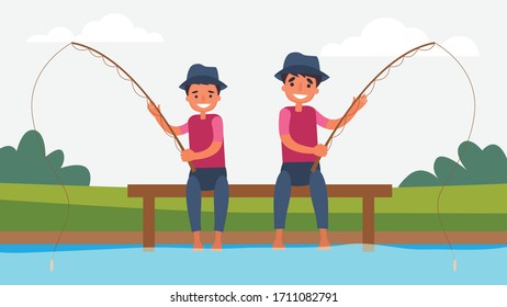 Fishing Father Son Activities Perfect Family Bonding spend time together.children is essential to their growth and development and to the type of human.vector illustration in flat cartoon style.