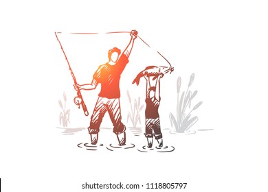 Fishing, father, son, family concept. Hand drawn dad and his son fishing together concept sketch. Isolated vector illustration.