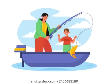 Pescar con mi padre. Hijo parado en el bote cerca de un tipo con caña de pescar. Actividades, ocio y pasatiempo al aire libre. Familia en el lago o río. Ilustración vectorial plana de dibujos animados aislada sobre fondo blanco