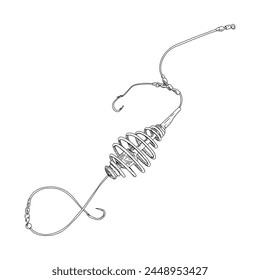 Fishing feeder spring bottom vector illustration. Bait hook angler tackle. Metal lure feeding. Minnow line drawing. Ink silhouette black outline. Sharp catch sport equipment art. Spiral carp metal