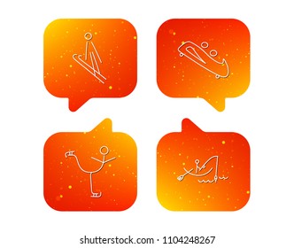 Fishing, figure skating and bobsled icons. Ski jumping linear sign. Orange Speech bubbles with icons set. Soft color gradient chat symbols. Vector