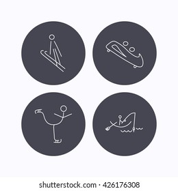 Fishing, figure skating and bobsled icons. Ski jumping linear sign. Flat icons in circle buttons on white background. Vector