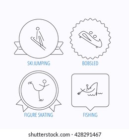 Fishing, figure skating and bobsled icons. Ski jumping linear sign. Award medal, star label and speech bubble designs. Vector