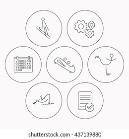 Fishing, figure skating and bobsled icons. Ski jumping linear sign. Check file, calendar and cogwheel icons. Vector