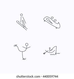 Fishing, figure skating and bobsled icons. Ski jumping linear sign. Flat linear icons on white background. Vector