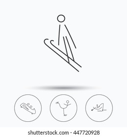 Fishing, figure skating and bobsled icons. Ski jumping linear sign. Linear icons in circle buttons. Flat web symbols. Vector