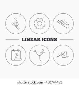 Fishing, figure skating and bobsled icons. Ski jumping linear sign. Flat cogwheel and calendar symbols. Linear icons in circle buttons. Vector