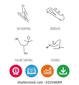 Fishing, figure skating and bobsled icons. Ski jumping linear sign. Award medal, growth chart and opened book web icons. Download arrow. Vector