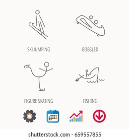 Fishing, figure skating and bobsled icons. Ski jumping linear sign. Calendar, Graph chart and Cogwheel signs. Download colored web icon. Vector
