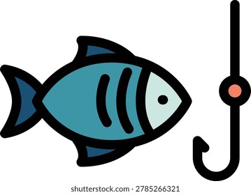 Fishing fill icon. A vibrant fish approaches a baited fishing hook in this captivating digital artwork. It symbolizes temptation, opportunity, and the potential risks involved in strategic decision-making.