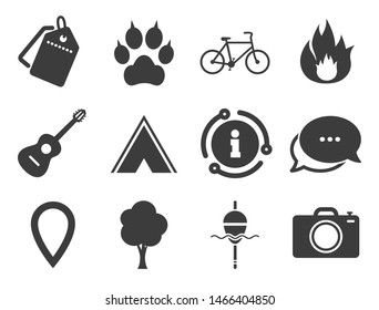 Fishing, fire and bike signs. Discount offer tag, chat, info icon. Tourism, camping icons. Guitar music, photo camera and paw with clutches. Classic style signs set. Vector