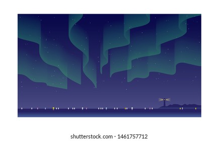 Fishing fire and fluttering aurora in the night sky