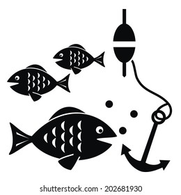 fishing, fish and anchor, vector icon, black silhouette