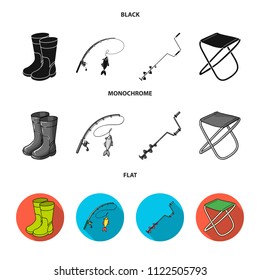 Fishing, fish, catch, fishing rod .Fishing set collection icons in black, flat, monochrome style vector symbol stock illustration web.