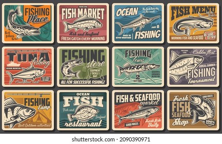 Fishing, fish catch tournament and fisher tours, vector retro posters. Fish and seafood restaurant, fishery market and fisherman equipment rods, tackles and lures ocean tuna, sea trout and river pike