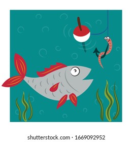Fishing. Fish caught on a fishing rod. Fishing hook with a worm.