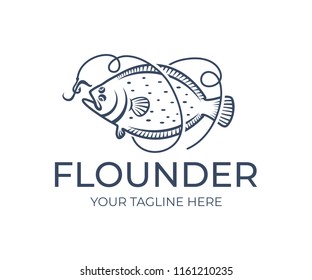 Fishing and fish, flounder grabs bait on hook and line, logo design. Seafood, food, angling on nature, vector design and illustration